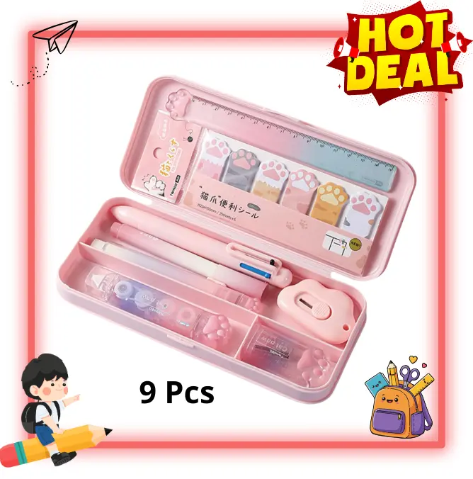 9 Piece Cute Cat Paw Stationery Set, Kawaii School Supplies Kit with Pens, Pencil Sharpener, Highlighter, Eraser, Correction Tape & Ruler, Back to School Essentials