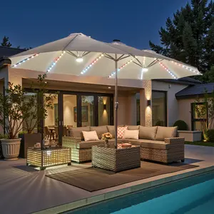 【Spring Glow Up】Ovios 15ft Double-Sided Patio Solar Lights Umbrella with Base, Outdoor Large Umbrellas with Crank Handle and 36 LED Lights, Rectangular Market Umbrella with Coffee Table Optional for Deck Pool Shade