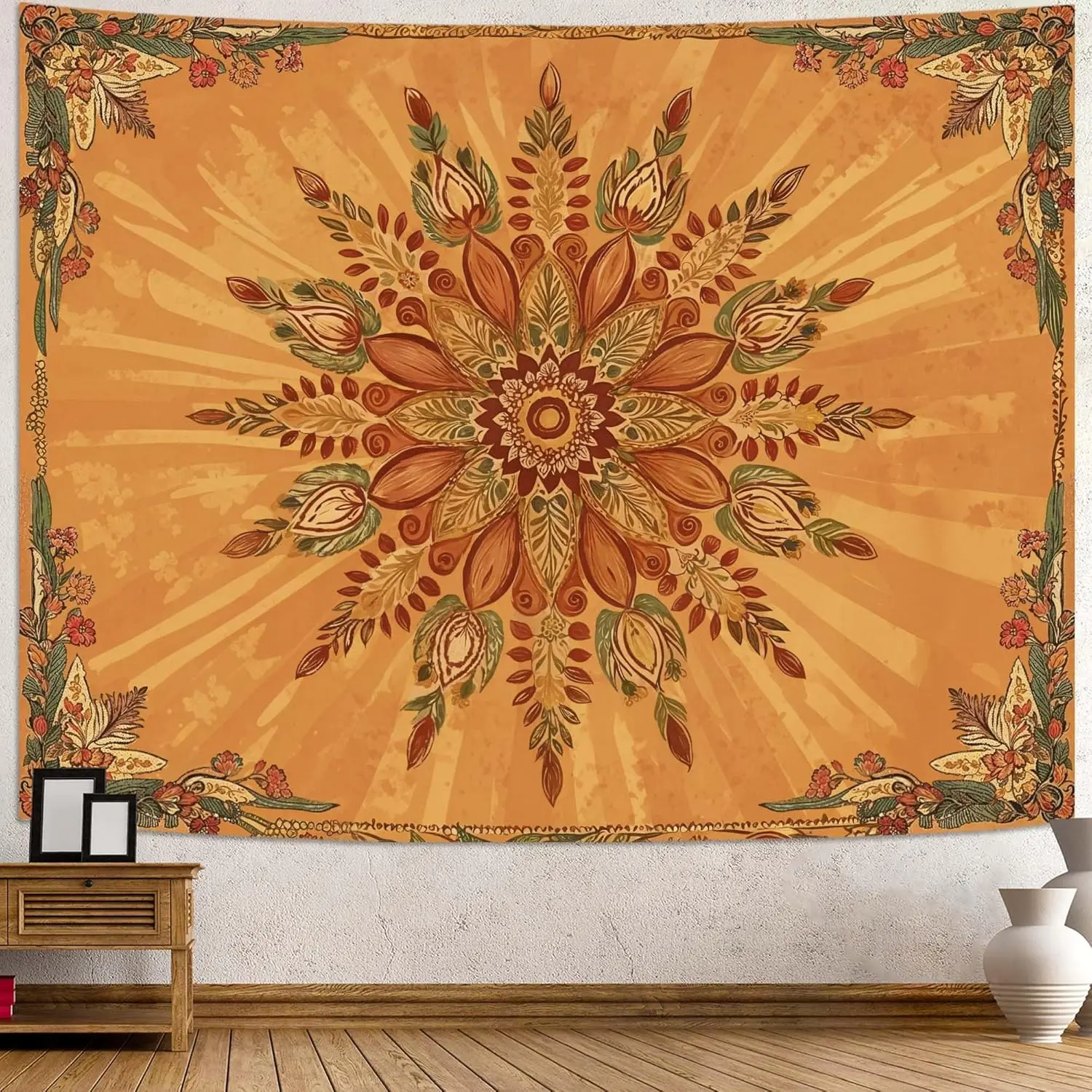 Boho Floral Mandala Tapestry for Bedroom Bohemian Flower Wall Tapestry Aesthetic Small Vintage Orange Hippie Indian Tapestries Wall Hanging for Living Room Dorm Decor 40 x 30 Inch