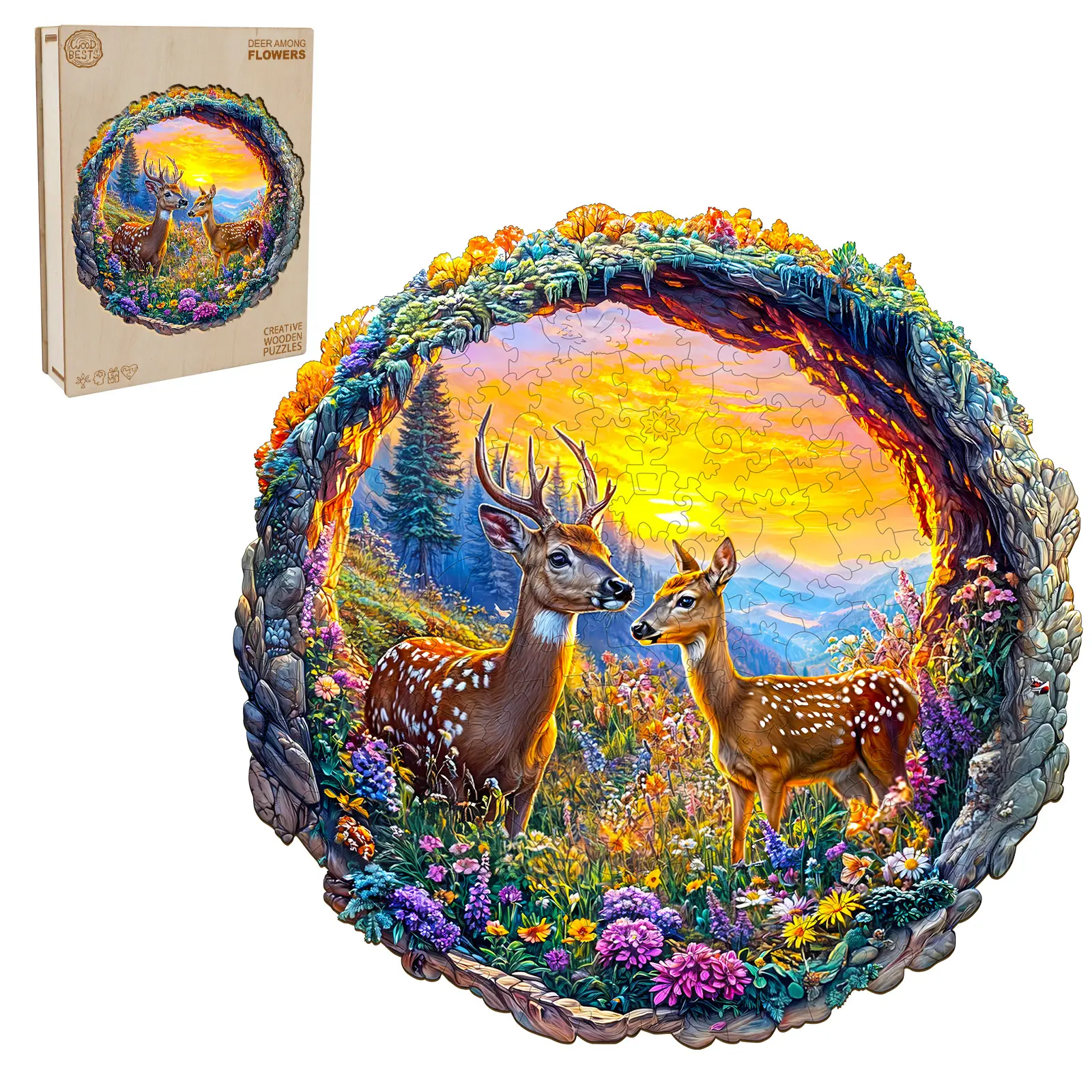 Deer Among Flowers Wooden Jigsaw Puzzle for Adults and Kids Unique Shape Animal Wood Puzzles Challenging Puzzle, Family Game Creative Gifts，Laser-Cut Durable HDF Wood Puzzle Creativity