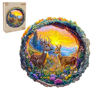 Deer Among Flowers Wooden Jigsaw Puzzle for Adults and Kids Unique Shape Animal Wood Puzzles Challenging Puzzle, Family Game Creative Gifts，Laser-Cut Durable HDF Wood Puzzle