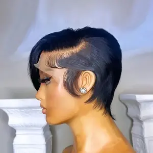 Natural Human Hair Wig Glueless Short Pixie Cut Bob Wig with 13x4x1 Lace Front & Pre-Plucked Baby Hair - 180% Density Straight Hair, Natural Hairline & No Glue Adhesive for Women ( Brown/Black) - Instant Volume, Comfortable Wear