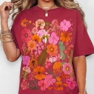 Pressed Flower Tshirt Comfort Colors Boho Nature Lover Tee Gardening Gift Vintage Wildflower Shirt Daisy Pink Summer Cotton Shirt for Women Fit Top