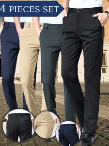 4 Pcs Men's Business Casual Pants, Slim Fit Mid Waist Dress Pants, Anti-Wrinkle Easy Care, Suitable for Office & Daily Wear