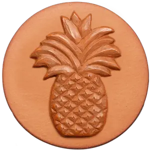 010 Pineapple Rycraft 2" round Cookie Stamp with handle and glaze, for decorating cookies and fondant as well as paper and clay crafts. Handmade in the USA since 1968.