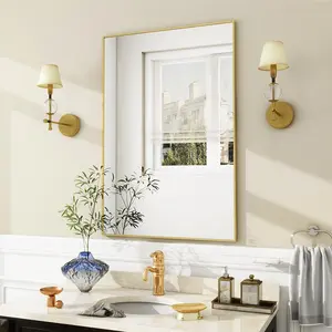 Gold bathroom wall mirror 20 x 28 rectangular mirror with metal frame hangs horizontal or vertical for living room bedroom bathroom entryway