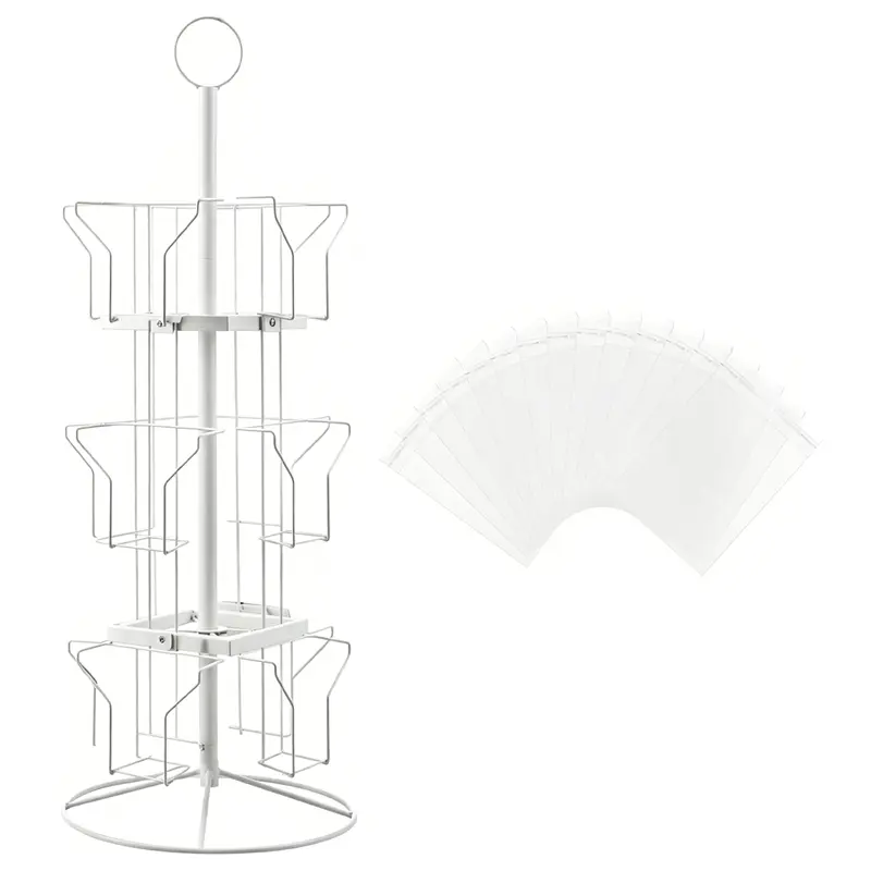 12-Pocket Rotating Greeting Card Display Rack with 200 Clear Resealable Bags, 3-Tier White Metal Countertop Card Stand, 360-Degree Spinning Holder for Postcards, Stickers and Gift Cards