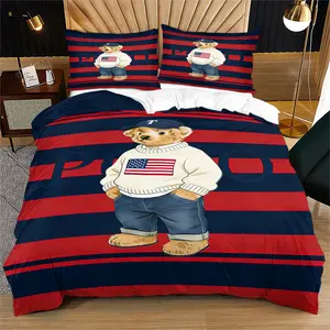 Flag sweater teddy bear print pattern duvet cover set, including 1 duvet cover and 1 or 2 pillowcases, without a core or pillow, suitable for bedroom or dormitory bedding set, suitable for gift giving or personal use