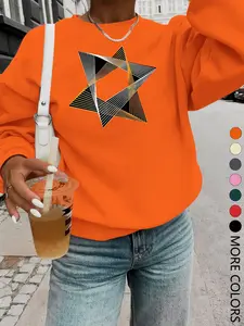 New Creative Simple Hexagon Pattern Letter Print Casual Pullover Long Sleeve Round Neck Sweatshirt Women, Trendy Multi-Color Options