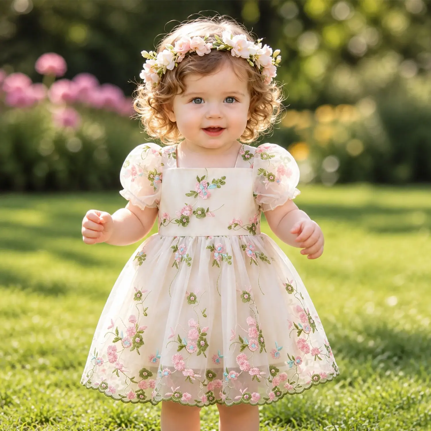 Summer Floral Puff Sleeve Baby Dress Mesh Princess Gown with Smocked Back Fairy Toddler Embroidery Dresses (9M-3Y)