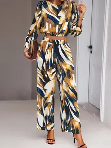 Spring & Fall Fashion Casual Printed Set, Unique Style Two-Piece, High Waist Long Pants, Fitted Long Sleeve Crop Top, Elegant Look
