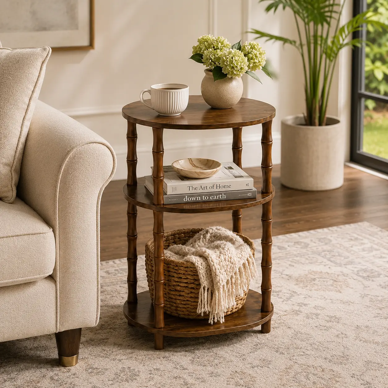 Rustic Brown Round End Table with 3-Tier Storage, Nightstand for Bedroom, Side Table for Living Room, Small Coffee Table for Apartments, 15.7" × 11.6" × 24.4"