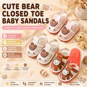 Cute bear print sandals for babies and toddlers - soft-soled, non-slip Velcro strap walking shoes, breathable open-toe summer baby shoes (pink/white/brown, 0-24 months)