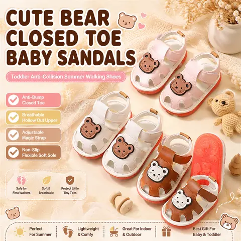 Unisex Baby Cute Bear Print Open-Toed Sandals, 0-24 Months, 11.5 cm, Soft-Soled Non-Slip Velcro Strap, Breathable PU Leather Fashion Design Summer Walking Shoes (Pink/White/Brown)