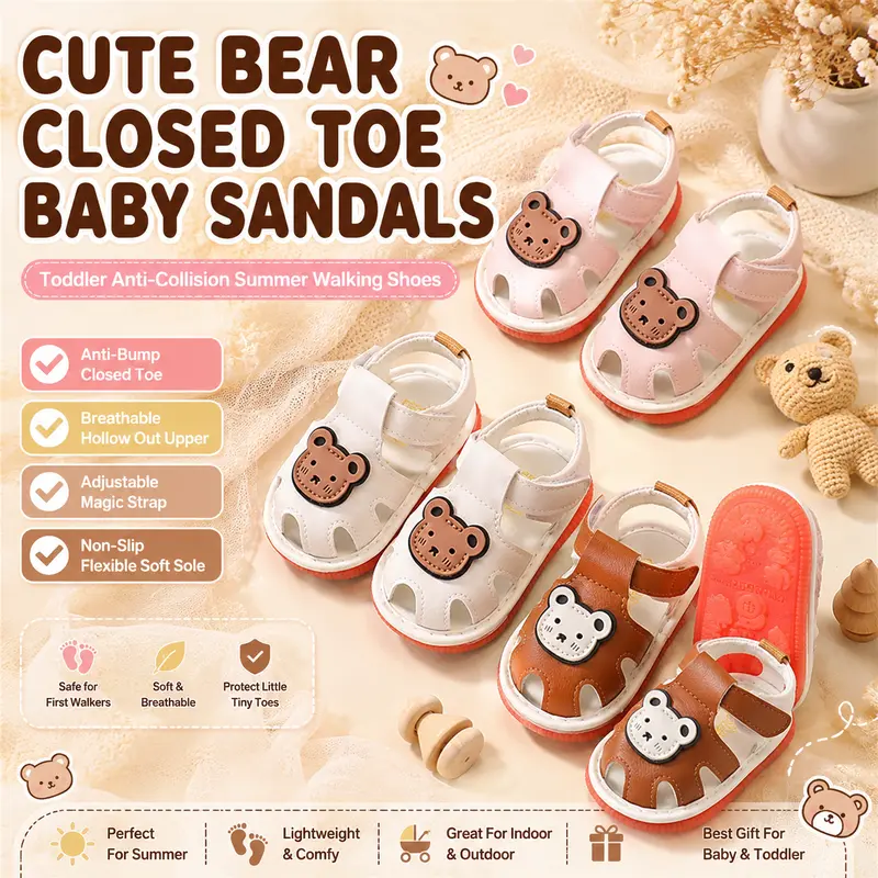 Unisex Baby Cute Bear Print Open-Toed Sandals, 0-24 Months, 11.5 cm, Soft-Soled Non-Slip Velcro Strap, Breathable PU Leather Fashion Design Summer Walking Shoes (Pink/White/Brown)