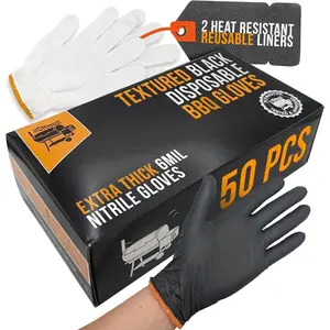 Black Disposable BBQ Grill Gloves Kit - 50 Heavy Duty Textured Grip and 2 Heat Resistant  Liners Meat Pulling