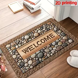 1pc Welcome Home Non-Slip Door Mat Durable Machine Washable Mat with Stone Pattern & Wood Texture Design Perfect for Farmhouse Decor All-Season Use Polyester Material Welcoming Entrance Mat Natural Look Mat Wooden Plank Design