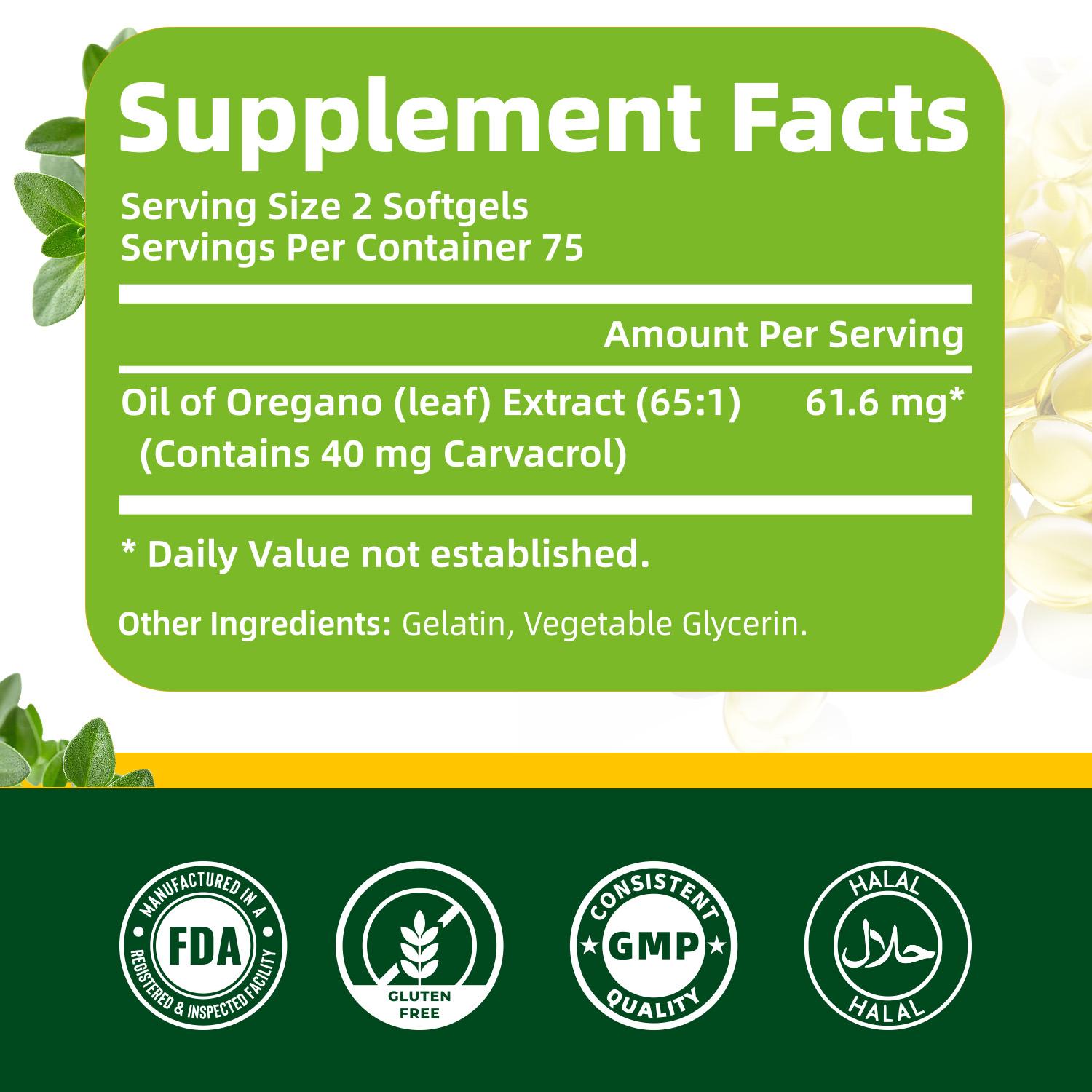 BJBKKBZ Oil of Oregano Softgels, 61.6mg Per Serving with Carvacrol, Non-GMO & Gluten Free Traditional Herbal Supplement, 150 Count