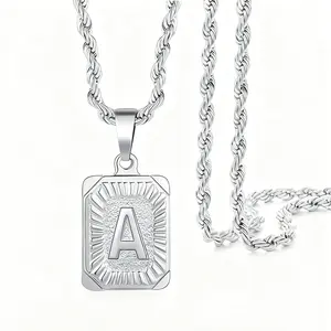 18k Real Gold Plated Cuban Link Figaro Chain 26 Letters Square Pendant Necklace Suitable for Friends Unisex All Match