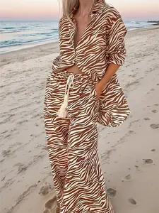 Women's Spring Summer Zebra Print Stripe Two-Piece Set, Loose-Fit Drawstring Wide Leg Pants and Long Sleeve Shirt, Casual Beach Vacation