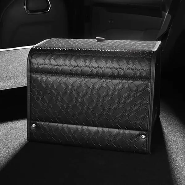 Car Trunk Organizer - Faux Leather & PP Honeycomb Board, Foldable Magnetic Closure, Adjustable Partition, Waterproof Sturdy 25.6''L x 13''W x 12.4''H Storage Box with Ample Space, Easy Installation for SUV, Sedan Road Trip