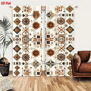 2D Flat 2-Pack Southwestern Native American Style Curtains, Geometric Pattern Cream Background with Brown Tan Black Diamond Starburst Cross Motifs, Symmetrical Decorative Window Curtains for Living Room Bedroom, Stylized Tapestry-Like Design