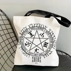 Anime H-Hellsing Storage Bags Canvas Double-Sided Print Black and White Tote Bag Large Capacity Shoulder Students Festive Fashion Eco Outdoor Picnic Travel High Quality Shopping Handbag Machine Washable