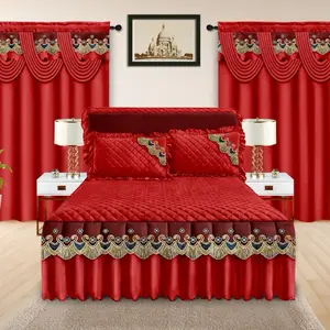 Lilianna Collection 5 pcs Bed Skirt Set for King Size Bed with Lace Pillow Cases and Valance Solid Curtains