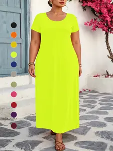 ✨ Plus Size Women's Solid Minimalist Short Sleeve Round Neck Dress, Loose Straight Long Fat Hiding Casual Maxi Dress, Casual Wear