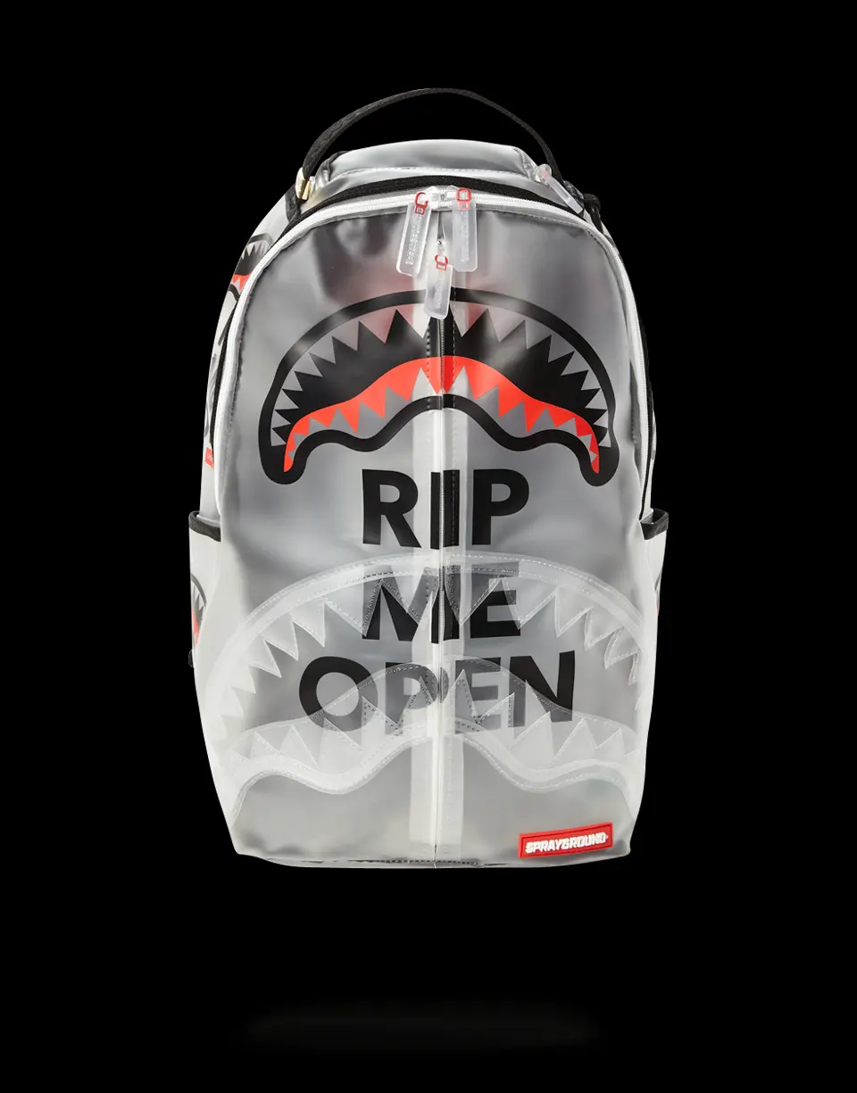SprayGround Back “RIP” novelty semi-transparent shark face backpack, bold “RIP ME OPEN” letter print waterproof PVC backpack, trendy streetwear casual school travel backpack for youth