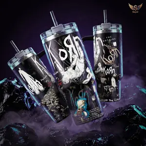 Korn - Follow the Leader - The Nothing 40 oz Vacuum Insulated Tumbler with Handle Straw White Distressed Band Graphic Stainless Steel Travel Mug Nu-Metal Metalheads Dark Aesthetic Merch Gift