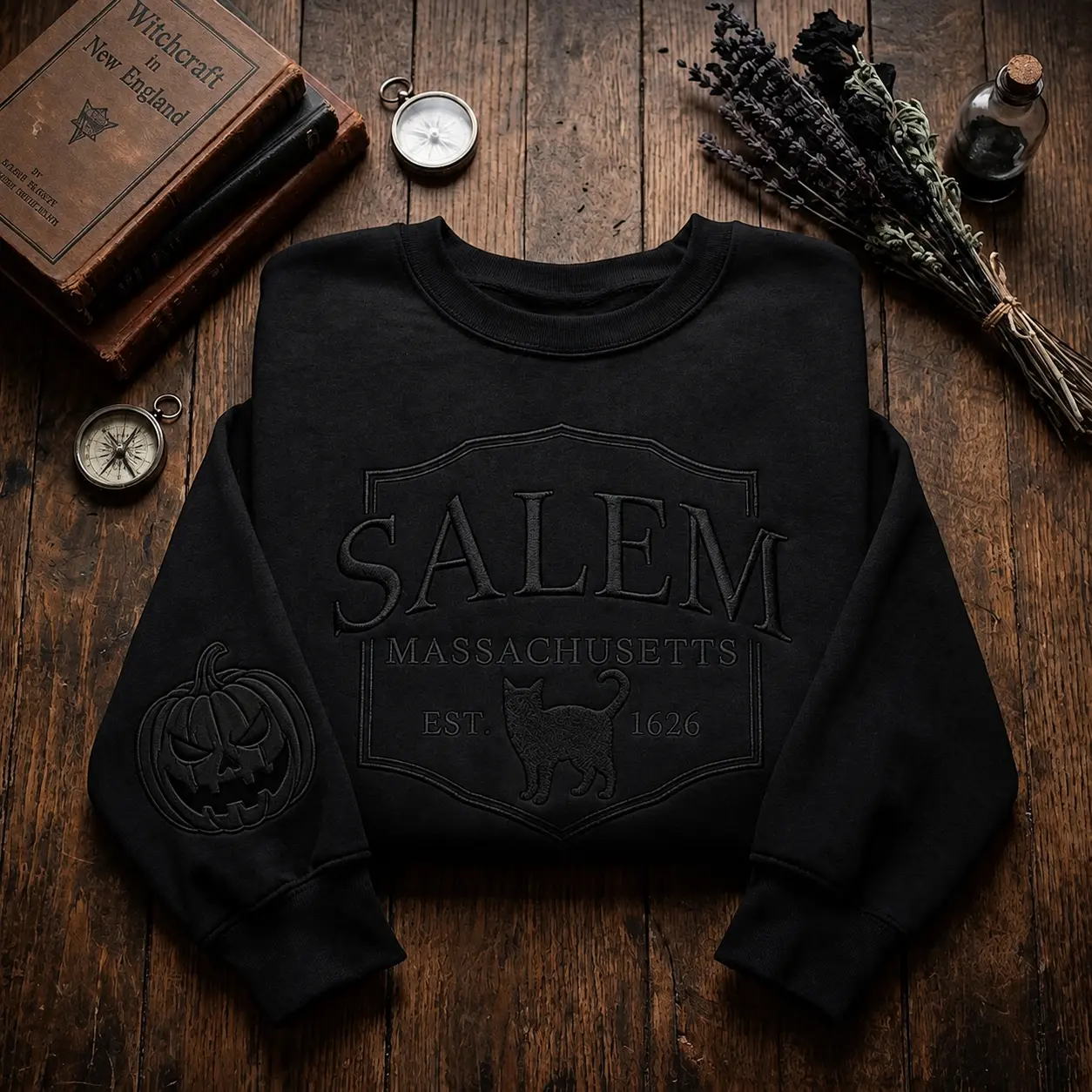 Massachusetts Sweatshirt, Embroidered Salem Crewneck, Witchy Gothic Sweatshirt, Halloween Embroidery, Dark Academia Gift for Her