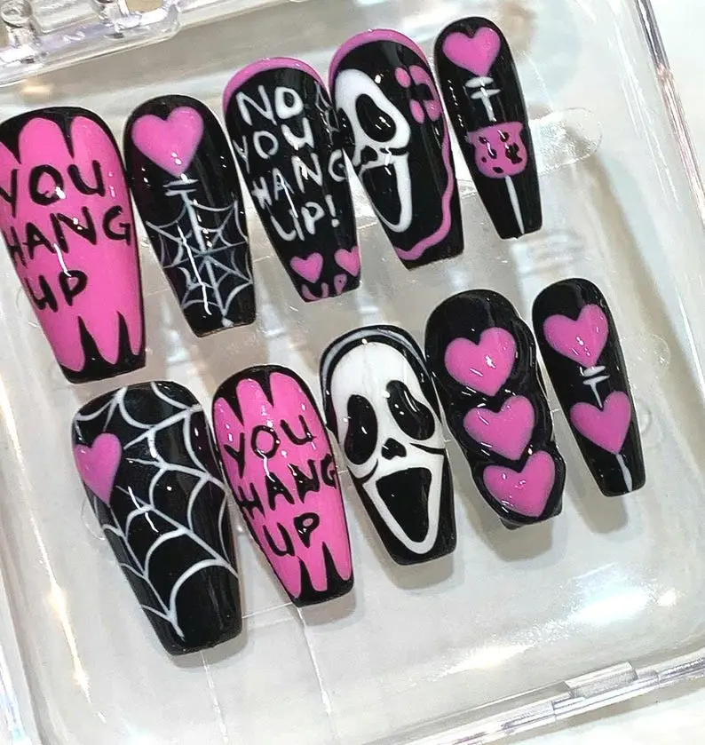 Horror Scream Press On Nails Pink Black Spooky Spider Web Nail Art