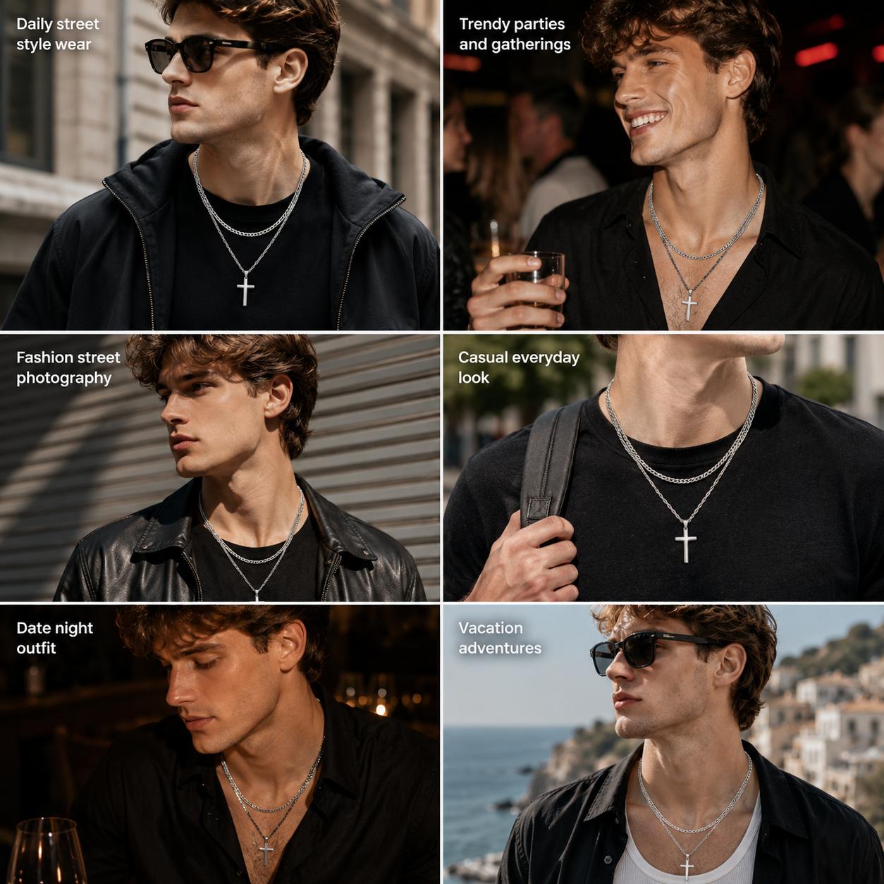 Men's Double-Layer Cross Pendant Necklace - Silver Polished Metal, Flat Cuban & Twist Chains, Streetwear & Party Costume Jewelry, Daily Fashion Accessory, Gift for Men