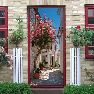 2pcs   Mediterranean Style Pink Flower Tree Door Wall Sticker European Town Street Scenery Decal Living Room Bedroom Wall Decorative Mural Self Adhesive Removable Wallpaper Sticker  Collage Self-Adhes