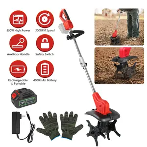 21V Electric Cordless Electric Soil Cultivator - 550W High Power 300RPM, 4-Blade 16 Steel Tines , 4000mAh Battery + Battery Display, Safety Protection + Auxiliary Handle, Perfect for Weeding/Lawn Care High-Speed Rototiller