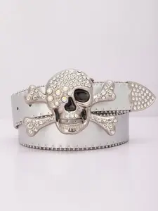 1pc Unisex Silver Color Skull Buckle Belt, Rhinestone-Decorated Alloy Buckle, Casual All-Season Accessory, Perfect for Jeans & Gifts