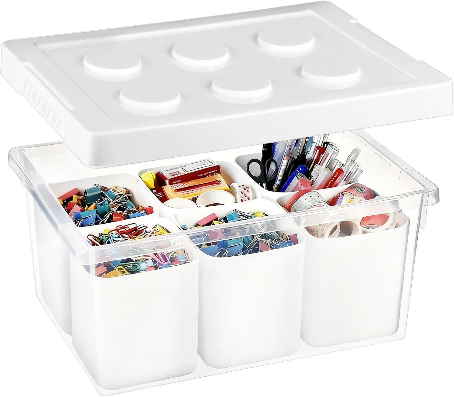 Greentainer Rectangle Transparent Plastic Stackable Art & Craft Supply Organizer Box with Lid, Latch & 6 Removable Cups – Light Household Desk Organizer for School, Little Kids (Brush, Crayon, Sewing Storage)