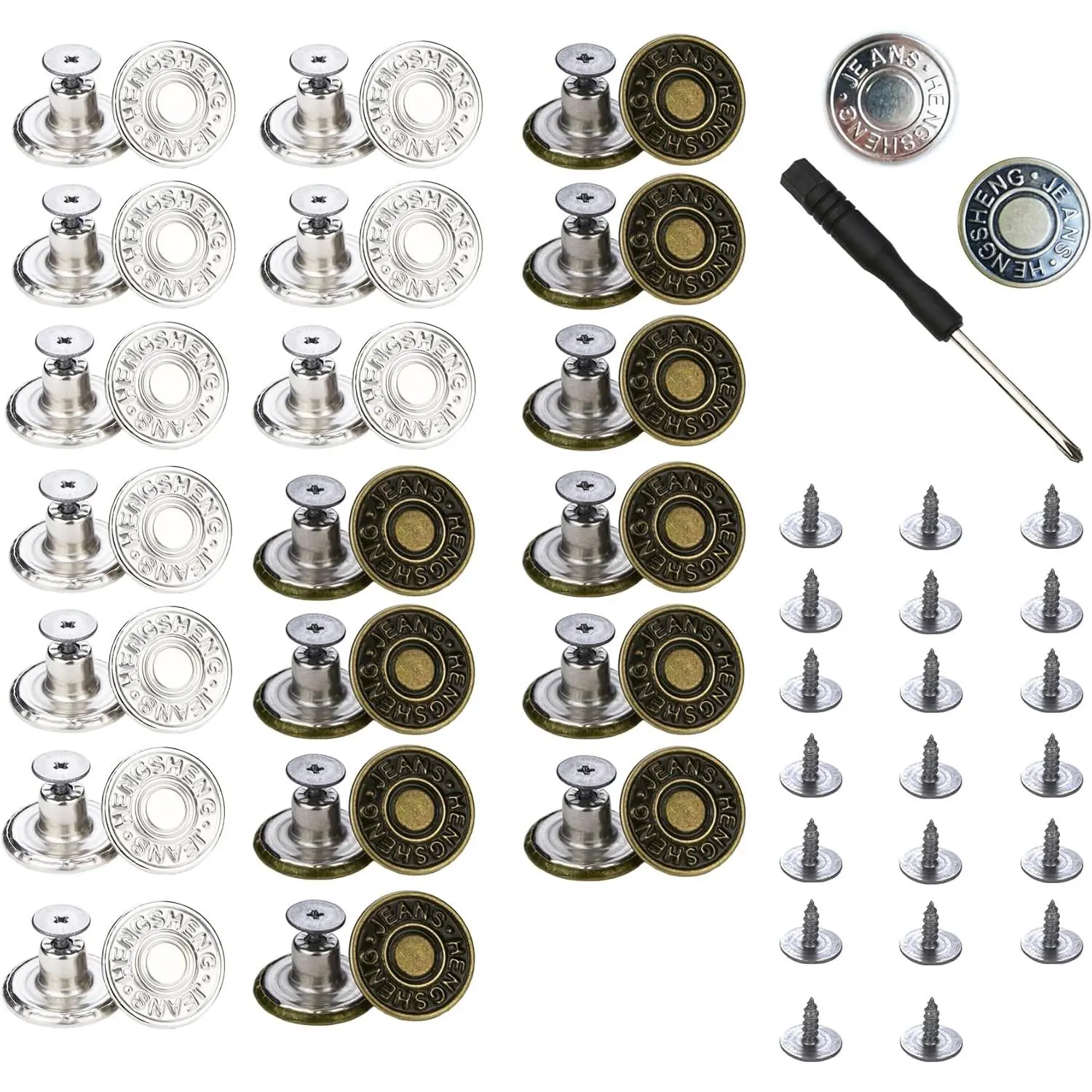 20 count Button for Sewing Metal Jeans, 17 mm No-Sew Nailess Removable Metal Jeans Buttons Replacement Repair Combo Thread Rivets and Screwdrivers.( and Brozen with Letters 20 Sets)