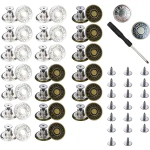 20 count Button for Sewing Metal Jeans, 17 mm No-Sew Nailess Removable Metal Jeans Buttons Replacement Repair Combo Thread Rivets and Screwdrivers.( and Brozen with Letters 20 Sets)