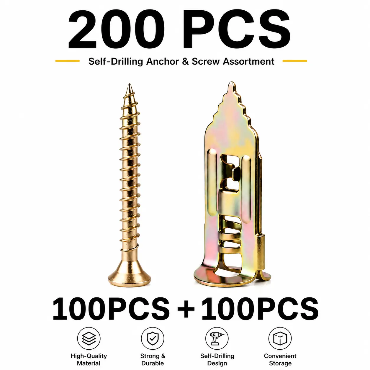 Self-Drilling Drywall Expansion Plug Anchors Kit (50PCS,100PCS, 200PCS Options) - No Drill Needed, Strong Load-Bearing, Corrosion-Resistant, Easy to Hang for Home &Office, Includes Anchors, Screws, Adjustable Hooks &Bracket for Quick Install