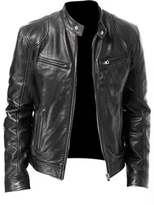 Men's Fitted Motorcycle Leather Jacket, Zipper Windbreaker, Lightweight PU Vintage Riding Coat, Fashion Durable Design, Spring & Fall