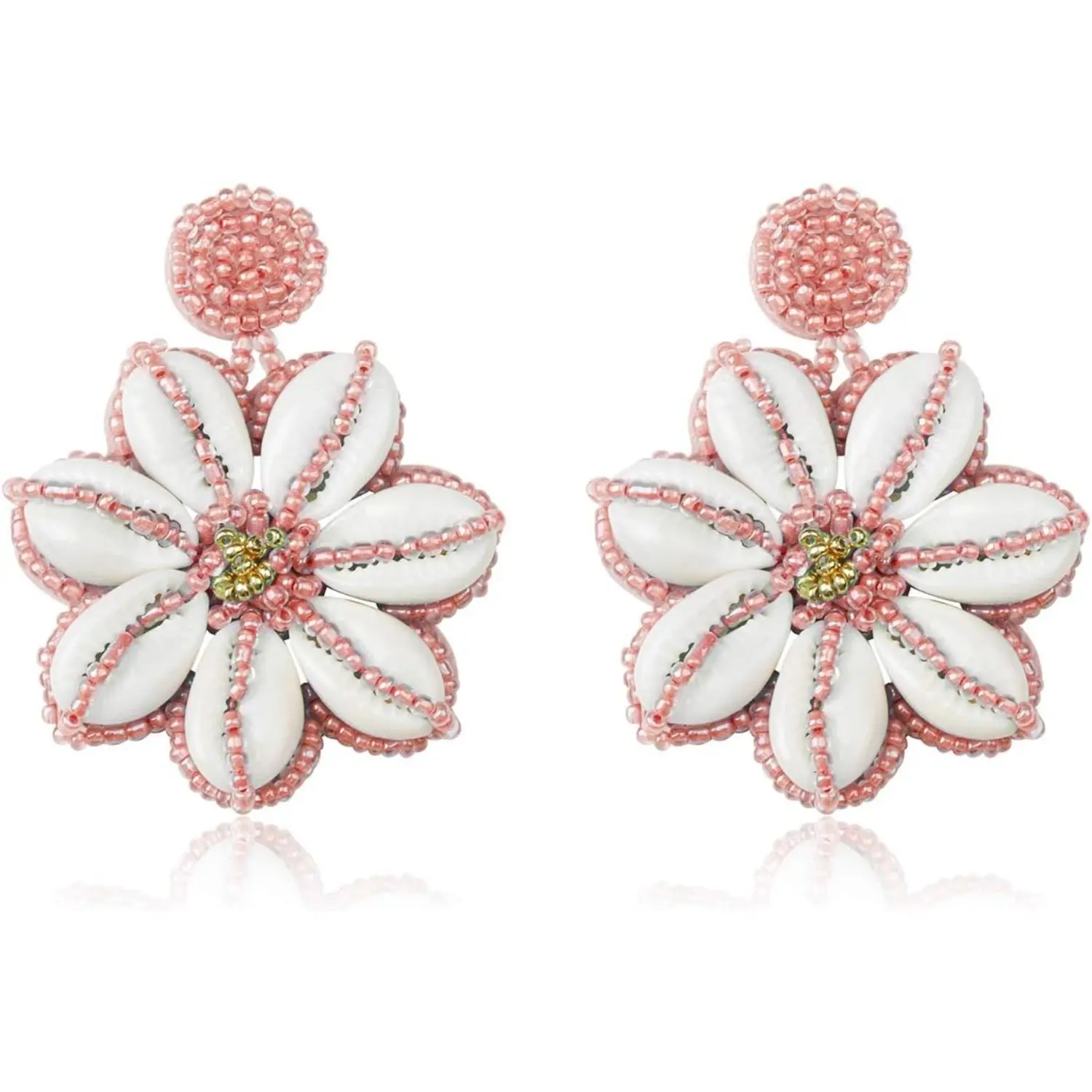 FINREZIO 1 Pair Pink White Bohemian Handcrafted Cowrie Shell Flower Earrings for Women Men Sweet Pink Seed Bead Woven Dangle Earrings Lightweight Hypoallergenic Fashion Earrings Ideal Gift for Birthday Holiday