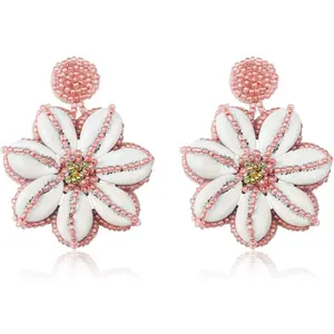 FINREZIO 1 Pair Pink White Bohemian Handcrafted Cowrie Shell Flower Earrings for Women Men Sweet Pink Seed Bead Woven Dangle Earrings Lightweight Hypoallergenic Fashion Earrings Ideal Gift for Birthday Holiday