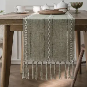 Geometric Patterned Table Runner with Tassels ,Rustic Table Runners 72 Inches Long for Dresser  Dining Table Decor (Sage Green, 12x72'')