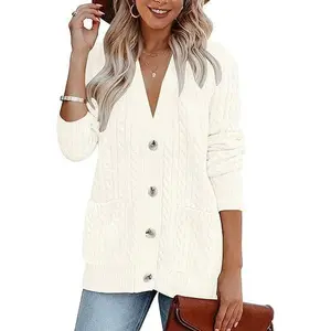 MEROKEETY Women’s Cable Knit Cardigan – 2025 Fall Winter Long Sleeve Button Up Sweater with Pockets, Cozy Open Front Knitwear Layering Essential