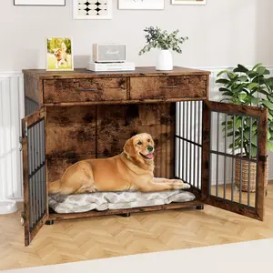 VOWNER 43.3 Inch Large Dog Crate Furniture, Wooden Dog Kennel Furniture End Table with 3 Doors, Dog Cage Indoor with 2 Storage Drawers, XL Dog Crate Table for Large Medium Dogs, Brown