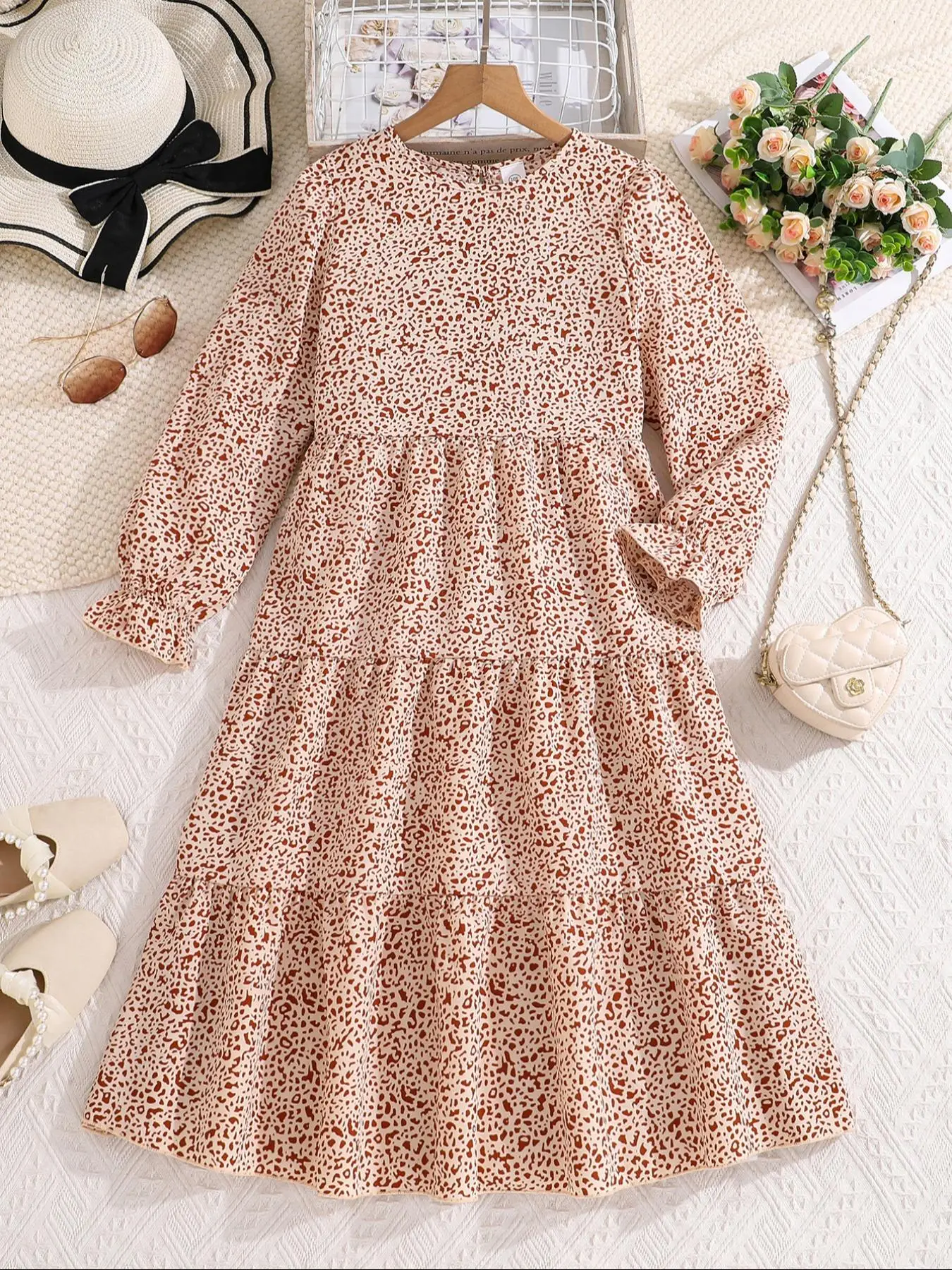 Girl's All Over Print Tiered Layer Flounce Sleeve Dress, Elegant Long Sleeve Keyhole Neckline Midi Dress for Party Holiday Wedding Guest, Kids Spring