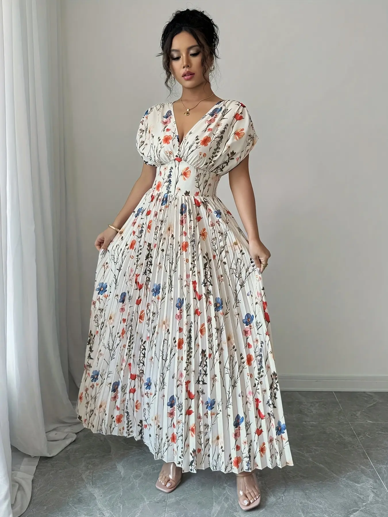 A white Vneck pleated skirt dress with colorful floral prints for women, Casual Boho Sundress, suitable for commuting to work, shopping, casual wear