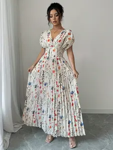A fashionable white background pleated skirt with colorful floral prints for women. The colorful floral prints make it lively, and the pleated skirt is elegant and suitable for commuting to work, shopping, and outdoor wear Boho Style Casual Dress